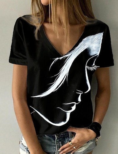 cheap Women&#039;s Tops-Women&#039;s T shirt Abstract Portrait Painting Portrait V Neck Print Basic Tops Black / 3D Print
