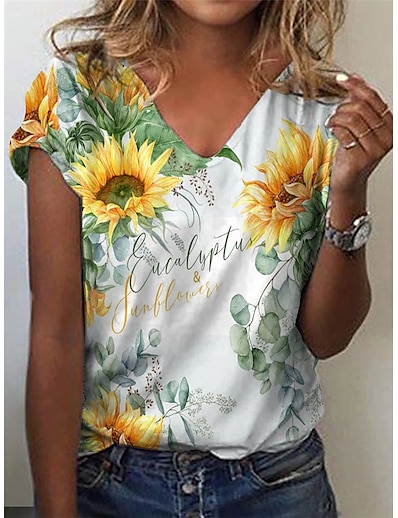 cheap Women&#039;s Tops-Women&#039;s T shirt Floral Theme Floral Plants Sunflower V Neck Basic Tops White / 3D Print