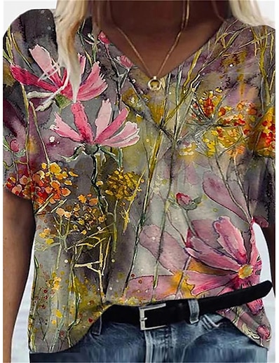 preiswerte Übergrößenkollektion-Damen Übergröße Oberteile T-Shirt Blumen Kurzarm Bedruckt Vintage Strassenmode V-Ausschnitt Baumwoll-Spandex-Trikot Täglich Ausgehen Frühling Sommer Grün