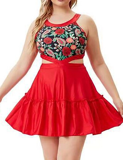 cheap Plus size-Women&#039;s Swimwear Tankini 2 Piece Plus Size Swimsuit Floral Open Back Printing for Big Busts Red Scoop Neck Halter Bathing Suits Vacation Fashion New / Sexy / Modern / Padded Bras
