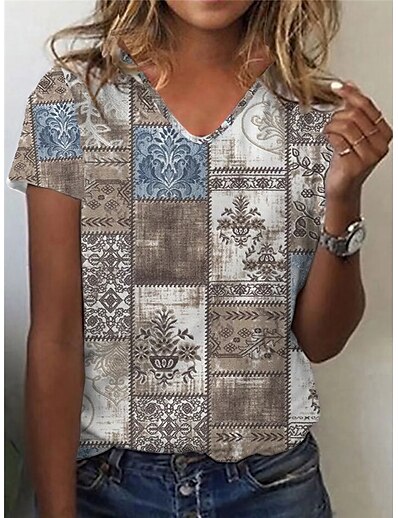 cheap Women&#039;s Tops-Women&#039;s T shirt Floral Plaid Color Block V Neck Basic Ethnic Boho Tops Gray / 3D Print