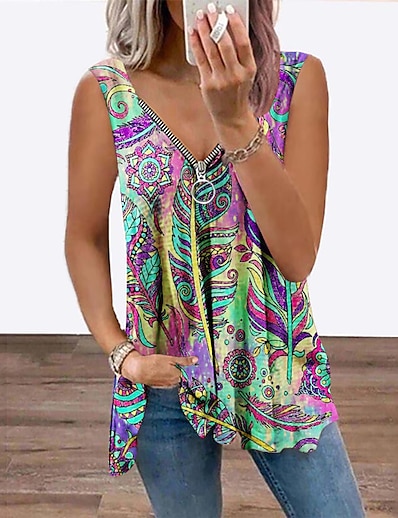 cheap Women&#039;s Tops-Women&#039;s Tank Top Vest Floral Theme Floral V Neck Flowing tunic Quarter Zip Print Casual Streetwear Tops Rainbow / 3D Print