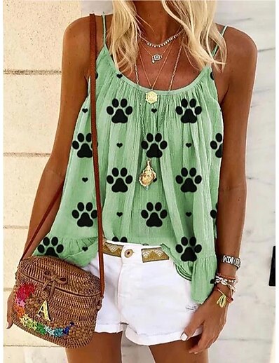 cheap Women&#039;s Tops-Women&#039;s Tank Top Shirt Graphic Round Neck Ruffle Print Casual Streetwear Tops Green Blue Gray / 3D Print