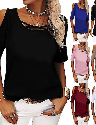 זול ביגוד נשים-נשים אביב קיץ אופנה קז&#039;ואל צבע אחיד עם כתפיים חולצת טריקו רפויה עם שרוולים קצרים לנשים