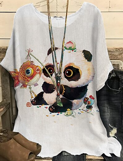 cheap Women&#039;s Tops-Women&#039;s Plus Size Tops Blouse Shirt Panda Animal Half Sleeve Print Vintage Streetwear Crewneck Cotton Spandex Jersey Daily Sports Spring Summer White