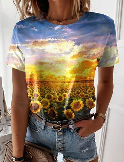 cheap Women&#039;s Tops-Women&#039;s T shirt Floral Theme 3D Printed Painting 3D Sunflower Round Neck Print Basic Tops Yellow