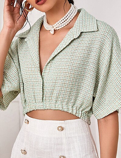 cheap Women&#039;s Tops-Women&#039;s Crop Top Blouse Shirt Plaid Shirt Collar Casual Streetwear Tops Green