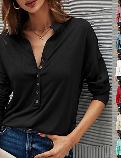 cheap Women&#039;s Clothing-Women&#039;s clothing  spring new solid color pit strip v-neck button top t-shirt women