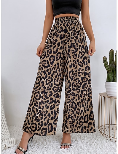 cheap Women&#039;s Bottoms-Women&#039;s Designer Boho Culottes Wide Leg Full Length Pants Inelastic Going out Weekend Flower / Floral Leopard High Waist Breathable Outdoor Orange Brown S M L XL
