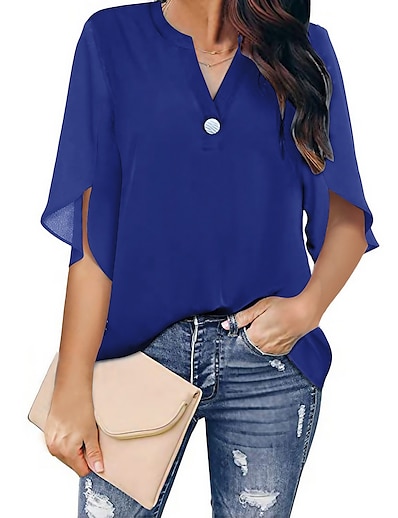 cheap Blouses &amp; Shirts-Women&#039;s Blouse Shirt Plain V Neck Casual Streetwear Tops Blue Black Gray