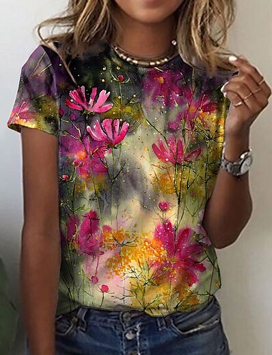 cheap Women&#039;s Tops-Women&#039;s T shirt Floral Theme Painting Floral Round Neck Print Basic Tops Yellow / 3D Print