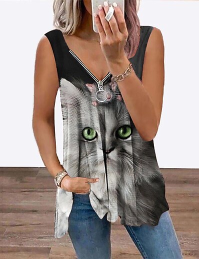 cheap Women&#039;s Tops-Women&#039;s Tank Top Vest 3D Cat Cat 3D V Neck Flowing tunic Quarter Zip Print Casual Tops Gray / 3D Print