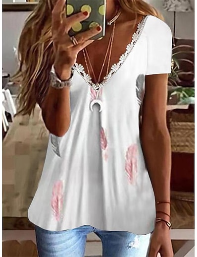 cheap Blouses &amp; Shirts-summer explosion  independence station floral feather cotton blended lace v-neck  short sleeve top t-shirt unpositioned printing