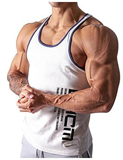 cheap Men&#039;s Tops-Men&#039;s Muscle Bodybuilding Stringer Tank Tops Plus Size Y-Back Gym Fitness Workout Sleeveless Training T-Shirts Vest White
