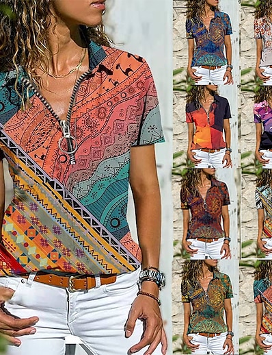 cheap Women&#039;s Tops-Women&#039;s Blouse T shirt Zipper Print Tropical Multi Color T-shirt Sleeve Shirt Collar Spring &amp;  Fall Regular Pattern 5 Pattern 7 Pattern 8