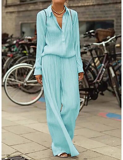 cheap Jumpsuits &amp; Rompers-Women&#039;s Jumpsuit Solid Color Button Casual Shirt Collar Wide Leg Daily Holiday Long Sleeve Regular Fit Black Gray Sky Blue S M L Spring