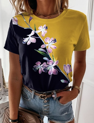 cheap Women&#039;s Tops-Women&#039;s T shirt Floral Theme Painting Floral Color Block Round Neck Print Basic Tops Green Blue Pink / 3D Print