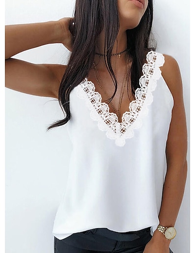 cheap Women&#039;s Tops-Women&#039;s Tank Top Vest Plain V Neck Lace Trims Casual Streetwear Tops White