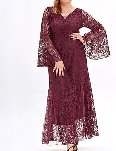 cheap Plus size-Women&#039;s Plus Size Solid Color A Line Dress Mesh V Neck Long Sleeve Prom Dress Spring Summer Party Vacation Maxi long Dress Dress / Party Dress / Lace