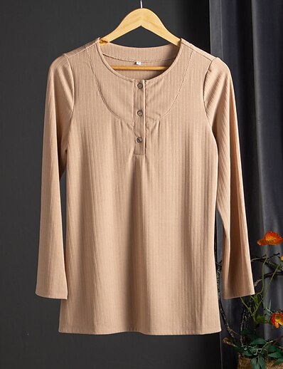 cheap Women&#039;s Tops-Women&#039;s Blouse Shirt Plain Striped Round Neck Casual Tops Camel