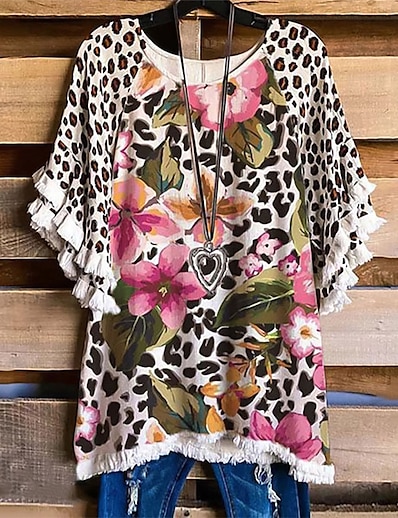 ieftine Bluze de Damă-Pentru femei Plus Size Topuri Tricou Floral Leopard Manșon scurt Bufantă Imprimeu Șic Stradă Rotund Poliester Zilnic Ieșire Primăvară Vară Trifoi Roz Îmbujorat / Mărime Plus / Mărime Plus
