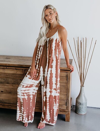 cheap Jumpsuits &amp; Rompers-Women&#039;s Overall Tie Dye Basic U Neck Wide Leg Daily Holiday Sleeveless Loose Sleeveless Leopard flecking gray Blue S M L Summer