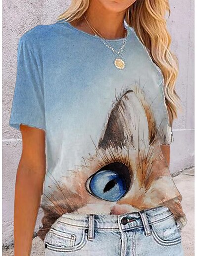cheap Women&#039;s Tops-Women&#039;s T shirt Cat Cat Animal Round Neck Print Basic Tops Loose Light Blue / 3D Print