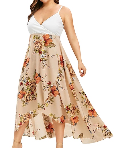 cheap Plus size-Women&#039;s Plus Size Floral A Line Dress Print V Neck Sleeveless Casual Spring Summer Daily Vacation Maxi long Dress Dress
