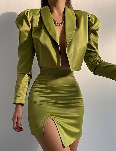 cheap Two Piece Set-Women&#039;s Streetwear Plain Daily Wear Office Two Piece Set Shirt Collar Skirt Blazer Office Suit Skirt Sets Split Tops