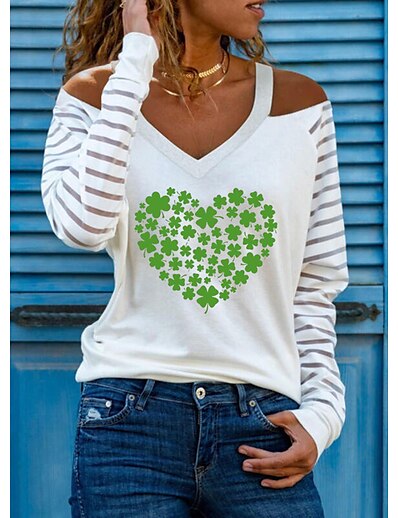 cheap Women&#039;s Tops-Women&#039;s T shirt Floral Theme Painting Striped Heart Leaf Round Neck Cut Out Print Basic Tops Green White Light Green