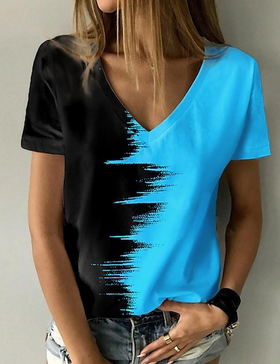 cheap Tees &amp; T Shirts-Women&#039;s T shirt Abstract 3D Printed Painting Color Block V Neck Print Basic Tops Green Blue White