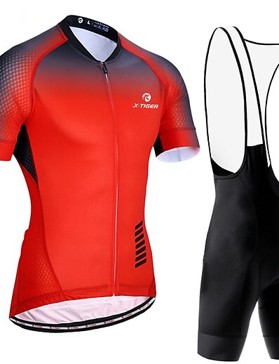 cheap Cycling-Men&#039;s Cycling Jersey with Bib Shorts Short Sleeve Mountain Bike MTB Road Bike Cycling Red Blue Gradient Bike Spandex Polyester Clothing Suit 3D Pad Breathable Quick Dry Reflective Strips Sports