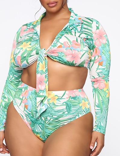 cheap Plus size-Women&#039;s Swimwear Rash Guard Diving 2 Piece Plus Size Swimsuit Floral Leaf 2 Piece UV Protection Lace up Printing for Big Busts Green V Wire Padded Bathing Suits Stylish Vacation New / Sexy