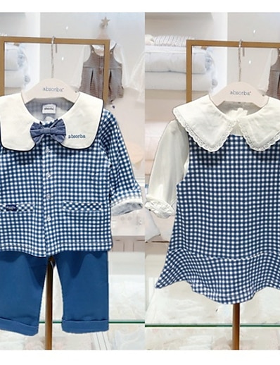 cheap Family Matching Outfits-Sibling Suit Dresses Tops Bottom Plaid Daily Lace Trims Dark Blue Short Sleeve T Shirt Dress Tee Dress Adorable Matching Outfits
