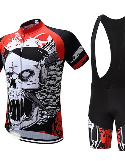 cheap Cycling-21Grams® Men&#039;s Cycling Jersey with Bib Shorts Short Sleeve Mountain Bike MTB Road Bike Cycling Red Skull Bike Spandex Polyester Clothing Suit 3D Pad Breathable Quick Dry Moisture Wicking Back Pocket