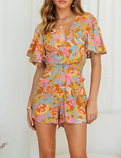 cheap Jumpsuits &amp; Rompers-Women&#039;s Romper Floral Backless Print Casual Daily V Neck Baggy Shorts Street Casual Short Sleeve Regular Fit Yellow S M L Spring
