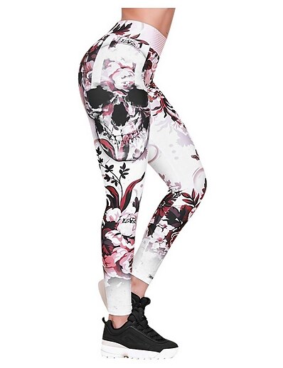 cheap Women&#039;s Bottoms-high waisted skull printed yoga leggings for women- extra soft - workout leggings pants-dry fit pink