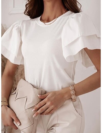 cheap Women&#039;s Tops-Women&#039;s Casual Weekend T shirt Tee Short Sleeve Plain Round Neck Ruffle Basic Tops White Pink Khaki S