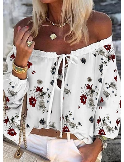 cheap Women&#039;s Tops-Women&#039;s Blouse Shirt Floral Floral Off Shoulder Lace up Print Casual Streetwear Tops White / 3D Print