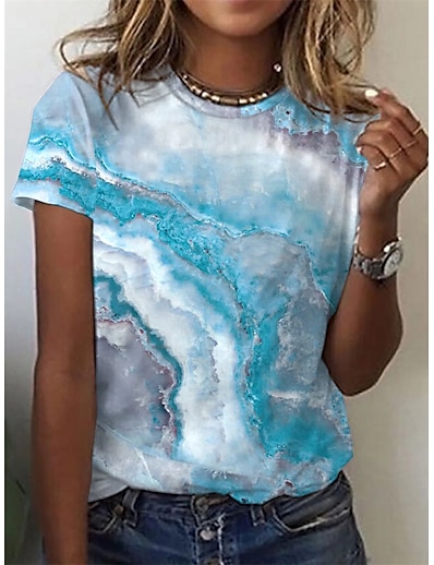 お買い得  レディーストップス-女性用 Tシャツ 抽象的 幾何 幾何学模様 ラウンドネック ベーシック トップの ブルー / 3Dプリント