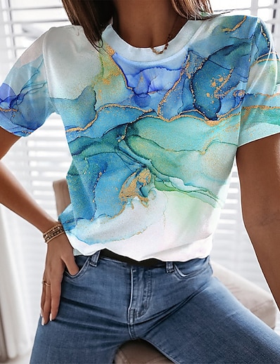お買い得  レディーストップス-女性用 Tシャツ 抽象的 ペインティング グラフィック ラウンドネック プリント ベーシック トップの グリーン ブルー ピンク / 3Dプリント