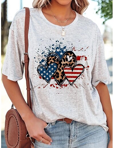 cheap Women&#039;s Tops-Women&#039;s T shirt Heart Round Neck Print Basic Tops Loose White / 3D Print