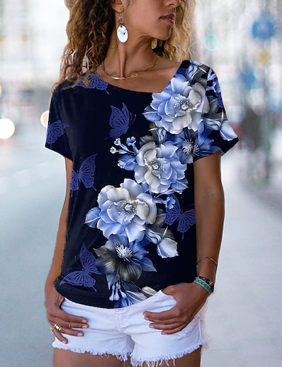 cheap Women&#039;s Tops-Women&#039;s T shirt Floral Theme 3D Printed Painting Floral 3D V Neck Print Basic Tops Green Blue Purple