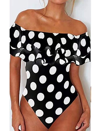 cheap Plus size-Women&#039;s Swimwear One Piece Monokini Bathing Suits Plus Size Swimsuit Ruffle Open Back Black Off Shoulder Bathing Suits Vacation Fashion New / Modern / Padded Bras