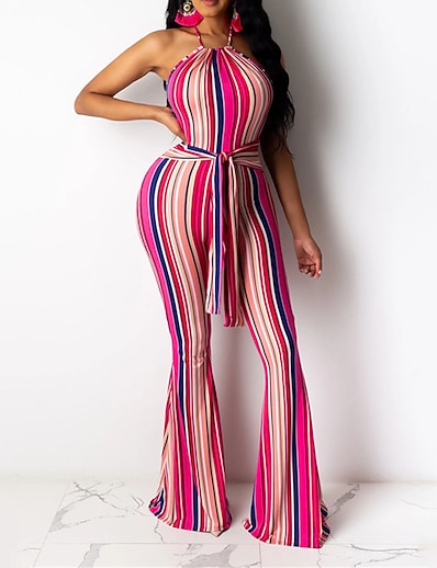 cheap Jumpsuits &amp; Rompers-Women&#039;s Jumpsuit Striped Backless Lace up Casual Daily Halter Neck Street Casual Sleeveless Regular Fit Blue Pink Orange S M L Spring / Print
