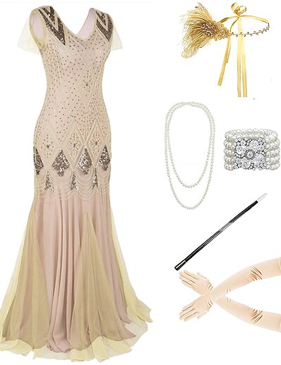 Χαμηλού Κόστους Κοστούμια μεταμφίεσης-Το Great Gatsby Δροσμός 20ετών 1920 Κοκτέιλ Φόρεμα Vintage Φόρεμα Φανελάκι φόρεμα Σύνολα Χορός μεταμφιεσμένων Φόρεμα χορού Γυναικεία Φούντα Στολές Χρυσαφί Κίτρινο / Χρυσαφί / Κίτρινο Πεπαλαιωμένο