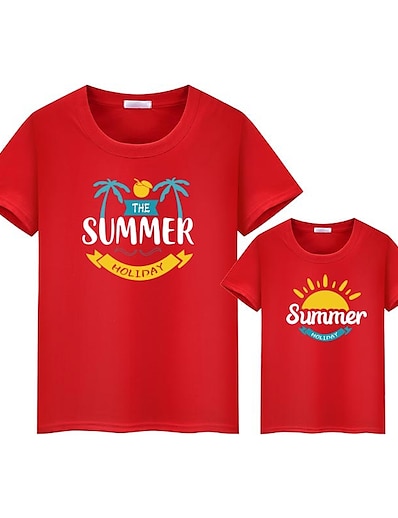 cheap Family Matching Outfits-Mommy and Me Cotton T shirt Tops Daily Graphic Letter Print Black Gray Red Short Sleeve Basic Matching Outfits / Summer / Casual