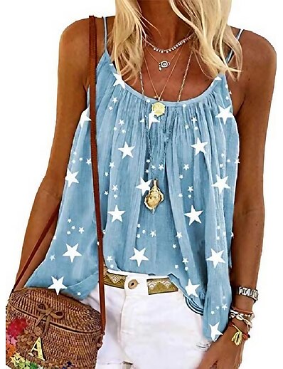cheap Women&#039;s Tops-Women&#039;s Plus Size Casual Blue Cami Shirts Summer Sleeveless Stars Print Scoope Neck Spaghetti Straps Loose Flowy Tank Tops for Teen Girls 2XL