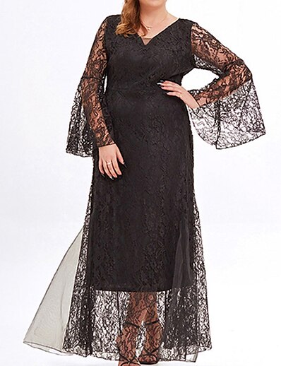 cheap Plus size-Women&#039;s Plus Size Solid Color A Line Dress Mesh V Neck Long Sleeve Prom Dress Spring Summer Party Vacation Maxi long Dress Dress / Party Dress / Lace