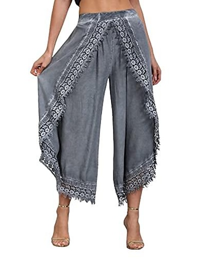 cheap Exercise, Fitness &amp; Yoga Clothing-Linen Wide Leg Hippie Boho Harem Yoga Pants Retro Solid Lrregular Lace Flexible Cropped Trousers Casual Flared Bottoms